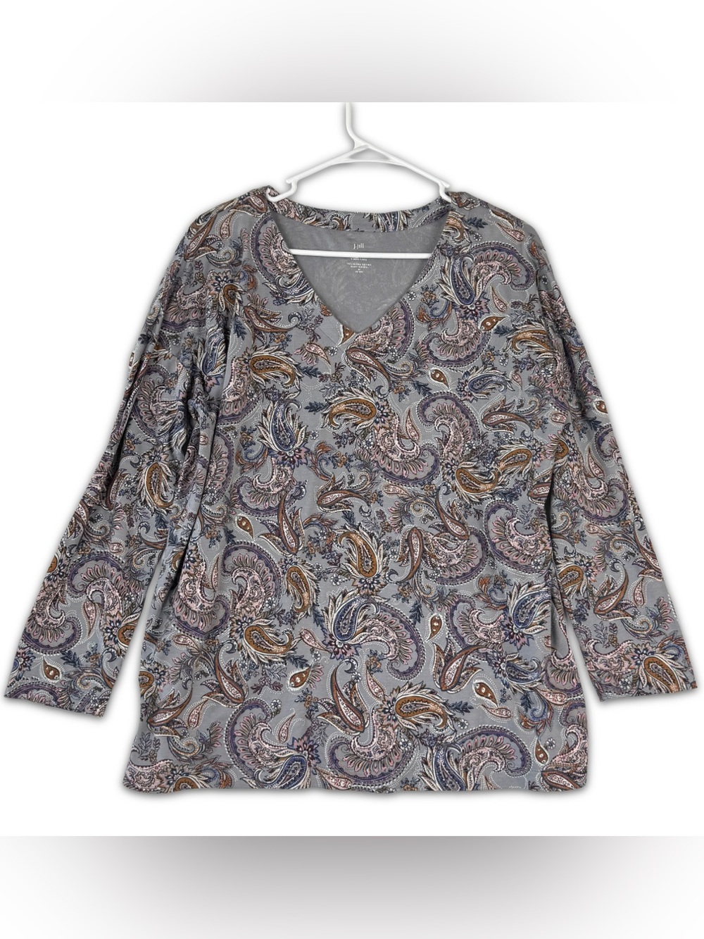 J Jill Simply‎ Supima V Neck Tee Womens MP Medium Petite Gray Paisley 3/4 Sleeve